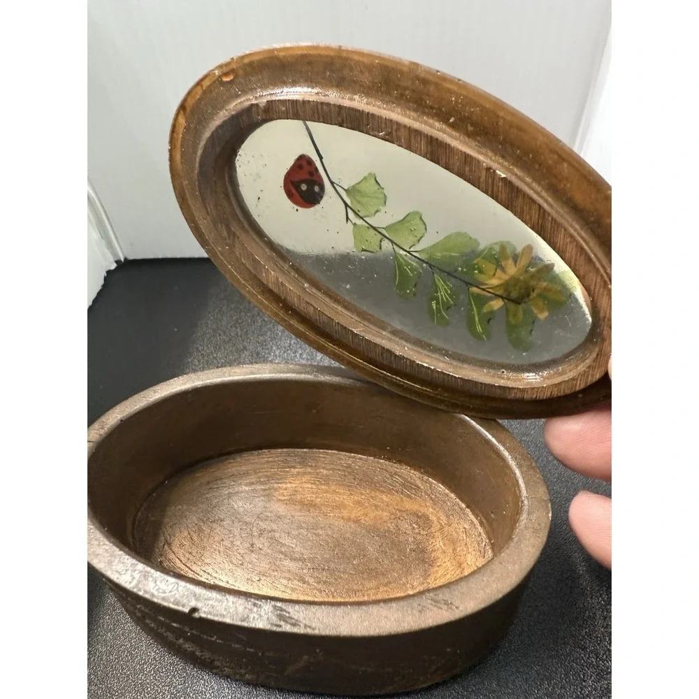 Vintage 1970's Design Gifts Wood Trinket Box Resin Lid Authentic Ladybug Flower